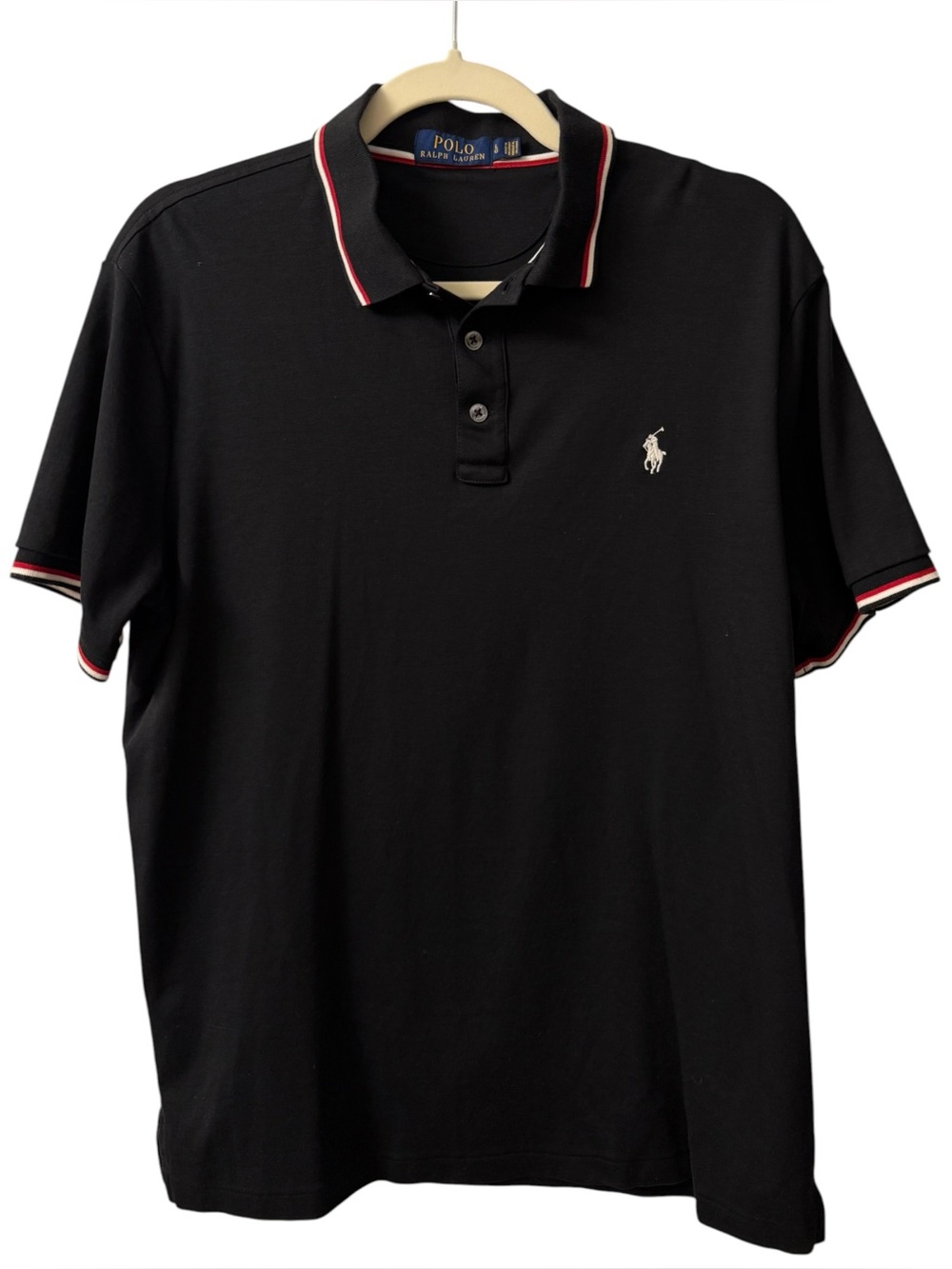 Polo Ralph Lauren Black Knit Polo Shirt White Pony Red Tipping Men's Large